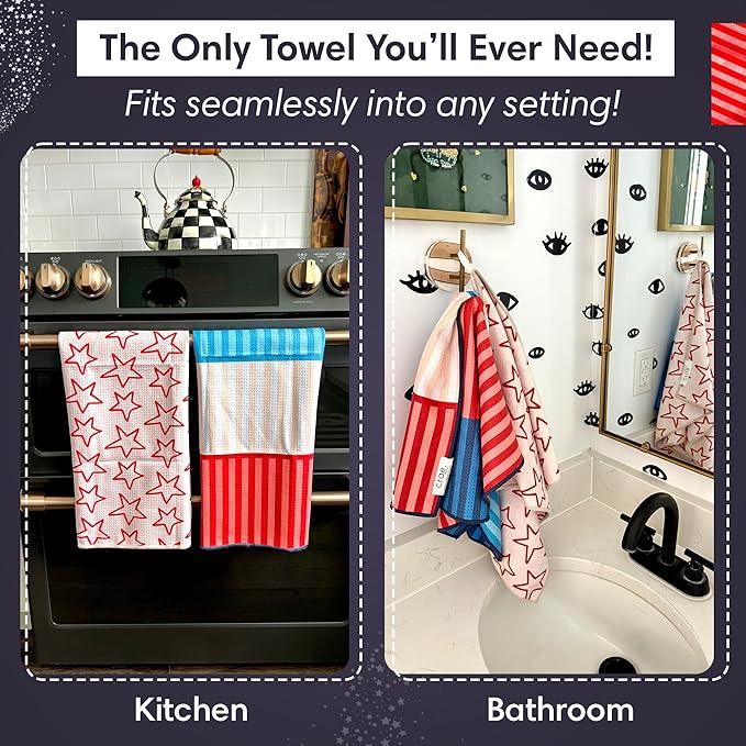 Double Sided Microfiber Hand Towels, 17x27 Inches Waffle Design Kitchen Towels Set, Durable & Soft Fast Drying Hand Wash Cloth, Everyday Dishcloth Use at Home (Stars & Stripes - Red, Blue, Cream)
