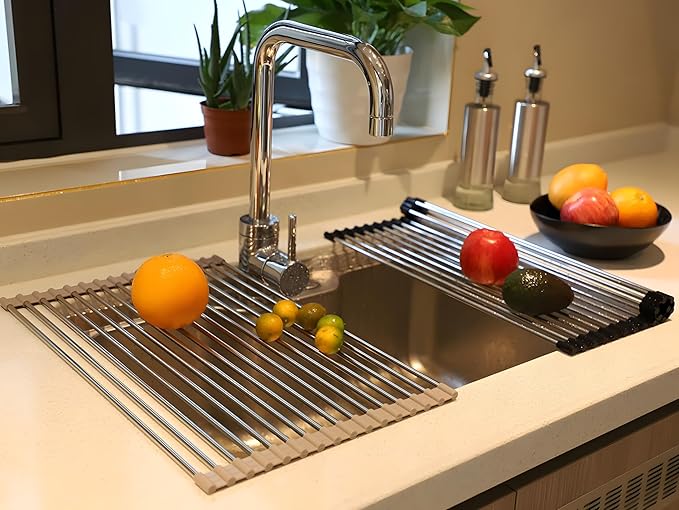 Roll up Dish Drying Rack Over The Sink Kitchen Roll up Sink Drying Rack Portable Dish Drainer Foldable Dish Drying Rack (Black, 37 * 30CM)