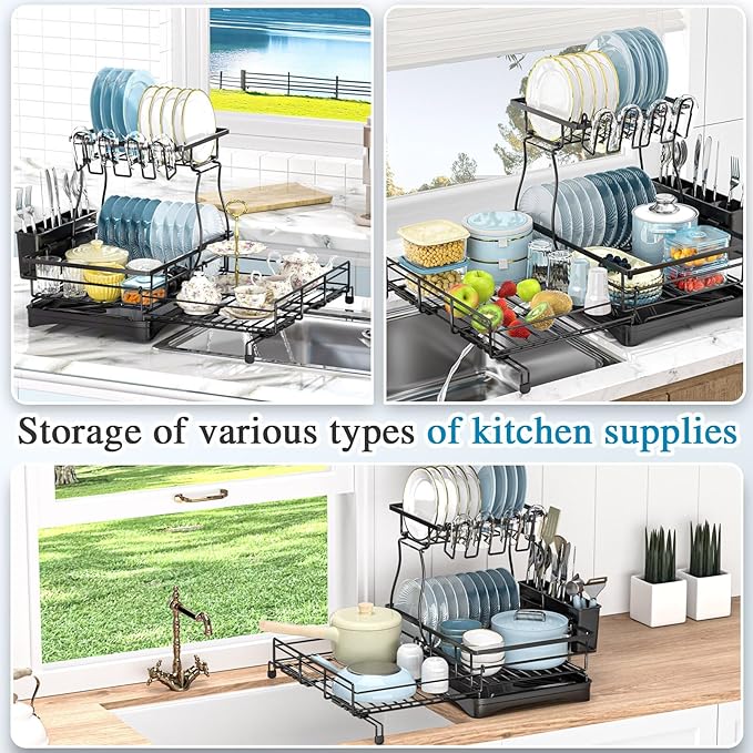 2 Tier Dish Drying Rack, Large Extendable Dish Racks for Kitchen Counter or Over Sink, Dishrack with Drainboard, 2-in-1 Anti-Rust Stainless Steel Dish Drainer with Utensil Holder & Cup Holder (Black)
