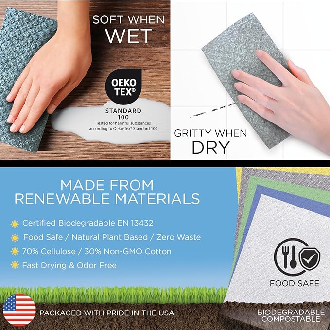 Swedish Dishcloths for Kitchen XL, 24 2x12 Sheet Rolls, Biodegradable, Compostable, Reusable Paper Towel Cleaning Cloths, 11" x 10" No Odor Washing Dishes, Ultra Absorbent Cellulose Sponge Towel, LOLA