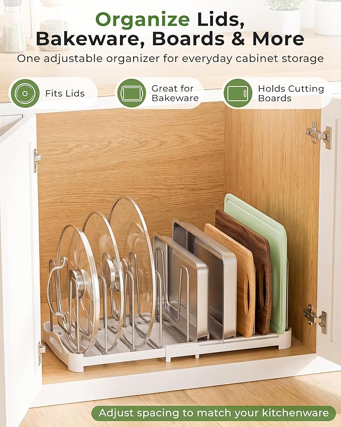 Adjustable Bakeware Organizer Pot Lid Holder Rack for Pots, Pack of 2