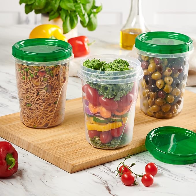 PLASTICPRO 12 Pack Twist Cap Food Storage Containers with Green Screw on Lid- 32 oz Reusable Meal Prep Containers