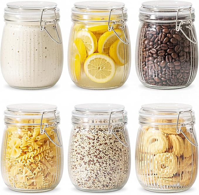 ComSaf 25oz Fluted Glass Mason Jars - Set of 6 Vintage Canisters with Airtight Lids for Sourdough Starter, Pickling, Coffee & Pantry Organization