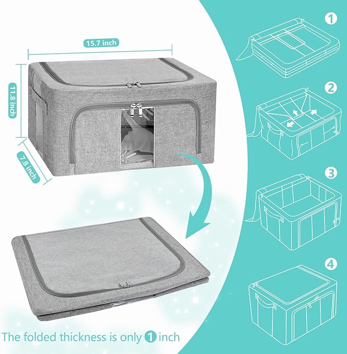 3 Pack Clothes Storage Bins, Foldable Metal Frame Storage Box with Lids,Stackable Linen Fabric Organizer Set with Carrying Handles,Zippers,and Clear Window (Grey, 24L)