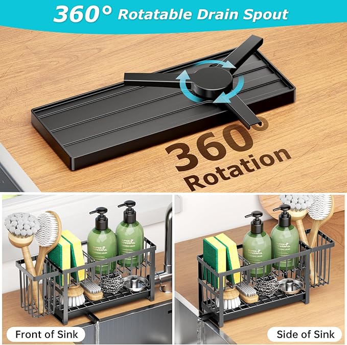 Liuoud Sponge Holder for Kitchen Sink, 2 Tier Sink Caddy Organizer Countertop with Dish Brush Holder and 360° Drain Tray, Rustproof Stainless Steel Dish Soap Storage Rack Set for Accessories Grey