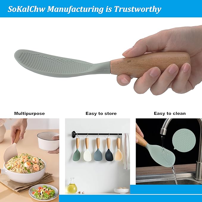 Standing Silicone Cooking Spoon and Rice Spoon with Wooden Handle, Great for Cooking, Mixing, Scoop, Scrape, Non stick Heat Resistant (Grey)
