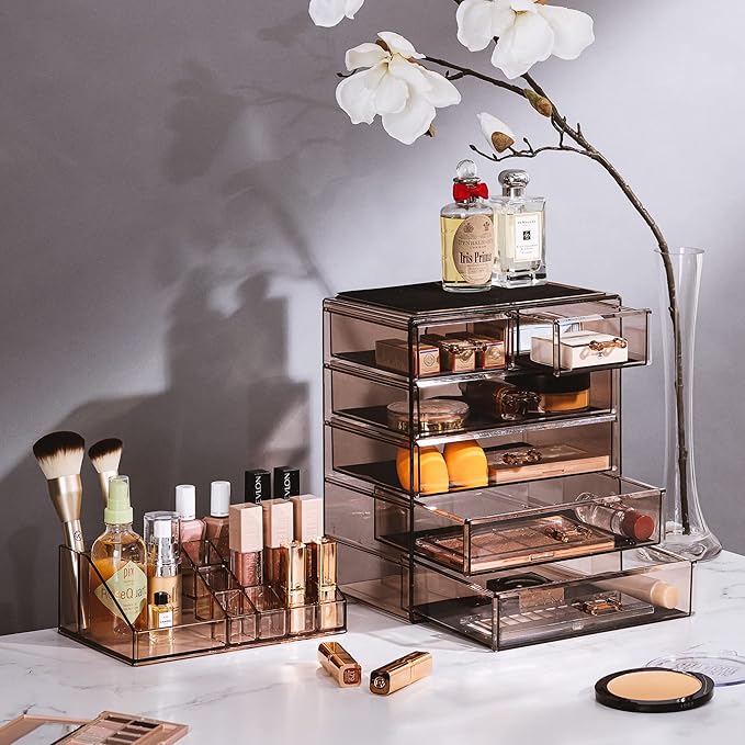 Sorbus Acrylic Makeup Organizer Set, 6-Drawer Vanity & Countertop Cosmetic Storage with Small & Wide Compartments, Bronze Glow Makeup Storage for Brushes, Jewelry – Holiday Gift for Women & Teens