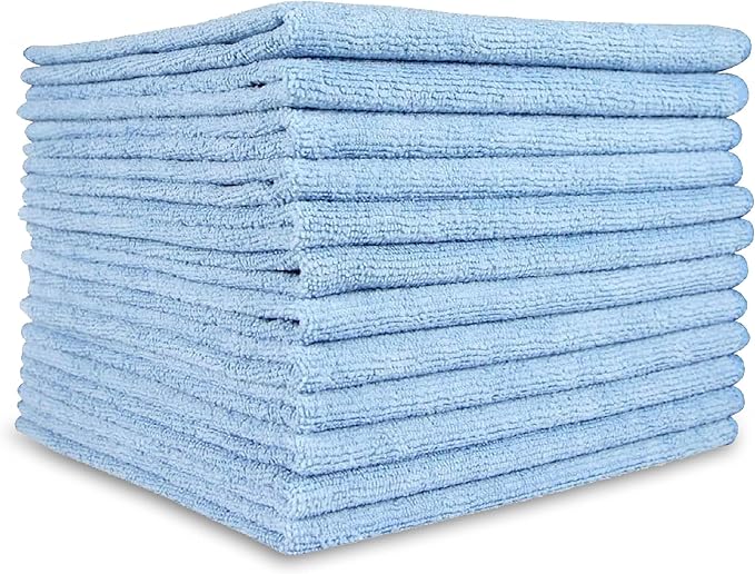 A&A Wiping Cloth- Microfiber Cleaning Towel, Super Absorbent Blue Microfiber Towels, Perfect for House, Cars, Windows, Gym and Office, Blue Microfiber 16x16 Towels, Pack of 12 Pieces