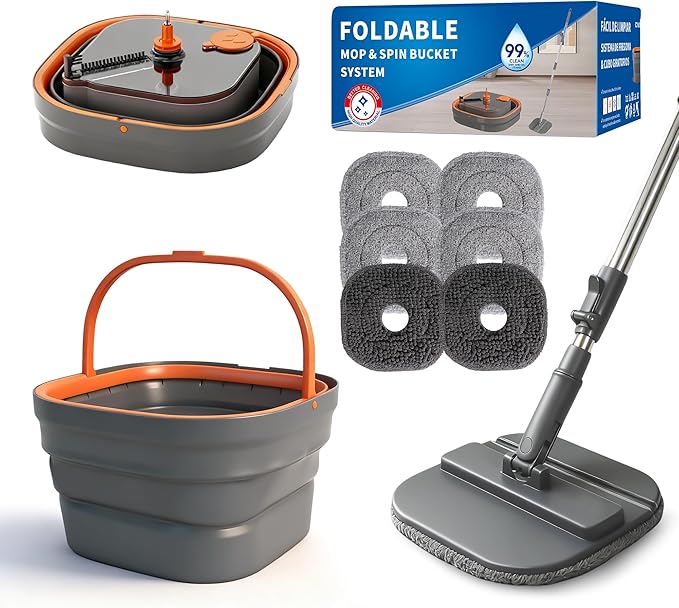 Collapsible Mop and Bucket Set, Spin Mop with Separate Dirty and Clean Water, 6 Replaceable Mopping Pads with Foldable Handle, Deep Cleaning Mops and Buckets for Household Use Floor Cleaning