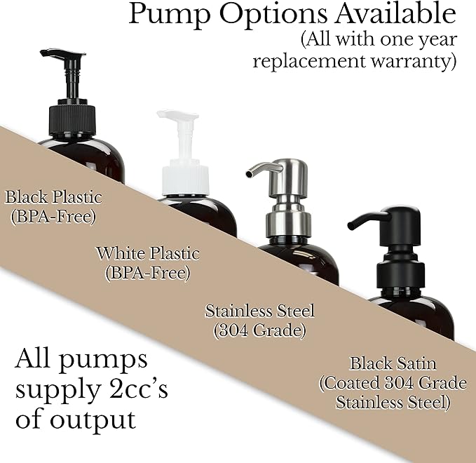 Amber PET Plastic Refillable Dish Soap Pump Bottle with 304 Grade Stainless Steel Pump, 16 oz Kitchen Dispenser with Chrome Accent Waterproof Modern Apothecary Label, Reusable Container