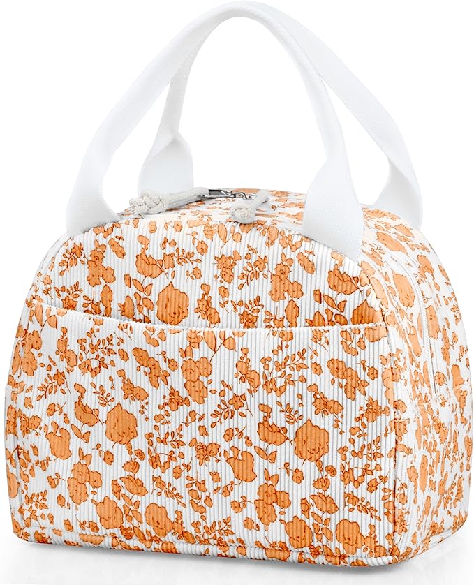 TESAFNG Lunch Bag - Insulated Lunch Box for Women, Reusable Large Capacity Cooler Bag for Adult, Small Leakproof Cute Corduroy Lunch Tote for Work Office Travel Picnic (Corduroy Orange-Flower)