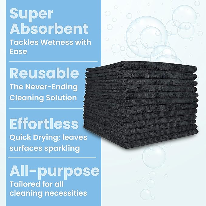 A&A Wiping Cloth- Microfiber Cleaning Towel, Super Absorbent Black Microfiber Towels, Perfect for House, Cars, Windows, Gym and Office, Black Microfiber 16x16 Towels, Pack of 180 Pieces
