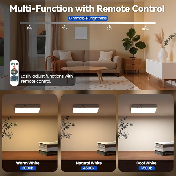 KINDEEP Motion Sensor Ceiling Light: Battery Operated Ceiling Light Wireless Indoor for Shower, Closets, Stairs, Hallway, Pantry, 3 Color Temperatures Dimmable, ‎White Shade 2 Pack