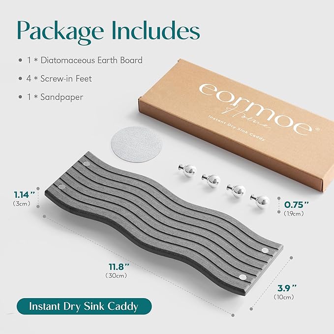 Water Absorbing Stone Tray for Sink, Diatomite Drying Stone for Kitchen Bathroom Counter, Decorative Raised-Feet Vanity Tray, Sink Caddy Organizer for Dish Soap & Sponge Holder [Dark Grey, 12'' x 4'']