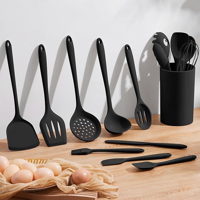 Silicone Cooking Utensil Set, Homikit 15pcs Kitchen Utensils with Holder for Nonstick Cookware, Heat Resistant Nontoxic Silicone Spatula Set Dishwasher Safe Kitchen Tools for Baking-Black