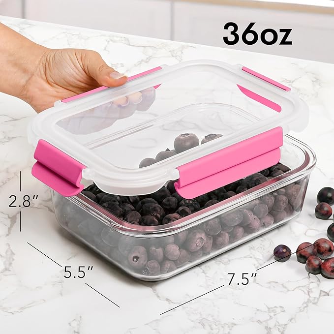 ECOBERI 4.5 Cup Glass Meal Prep Containers with Lids & Silicone Sleeves, 3-Pack Airtight, Leak-Resistant Food Storage Containers for Fridge, Freezer