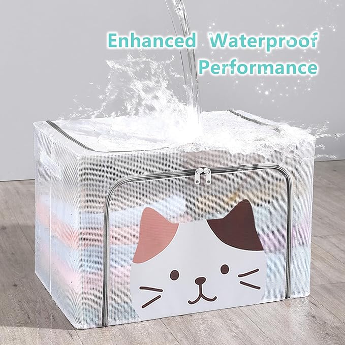 3 Pack Clear Storage Bins with Metal Frame,Waterproof Stackable Organizer Box with Durable Handles,Foldable Closet Container for Bedding, Clothes(Cute Cat,66L)
