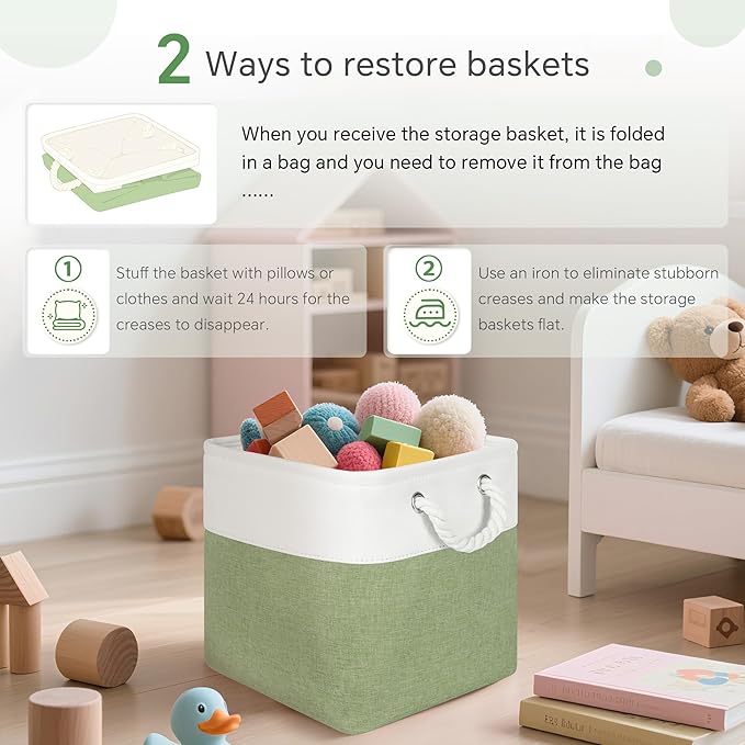 FinishingBo Fabric Cubes Storage Basket, 6 Pack 11x11 in with Handles Cube Storage Bins, for Shelves, Home, Office Organizers (White/ Green)