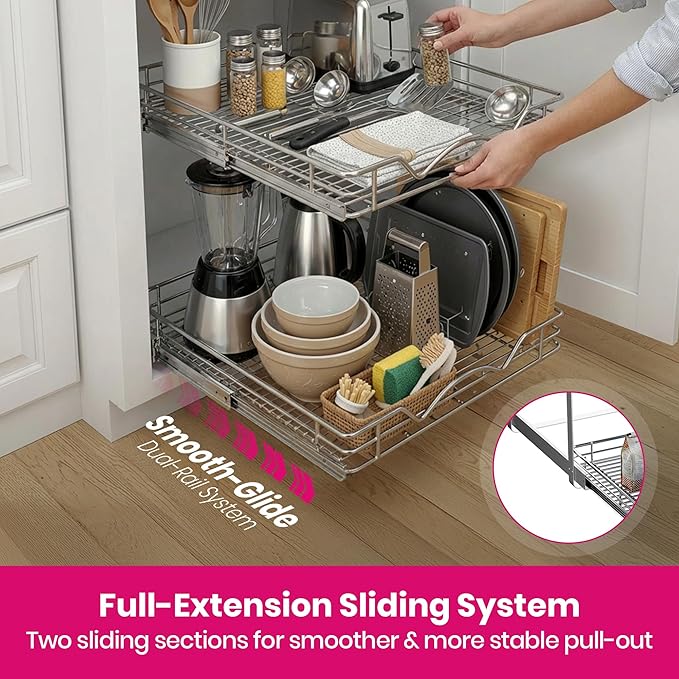 2-Tier Pull-Out Cabinet Organizer with Heavy-Duty Steel Frame, Full-Extension Sliding Shelves, Holds 100 lbs, Easy Install for Kitchen