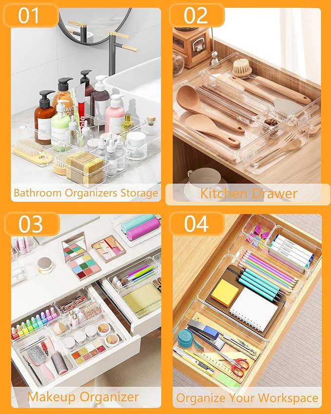 25 Pcs Clear Plastic Drawer Organizer Set, 4 Sizes Versatile Bathroom and Vanity Organizer Trays for Makeup, Non-Slip Desk Organizer for Bedroom, Office, Fits Jewelry and Office Supplies