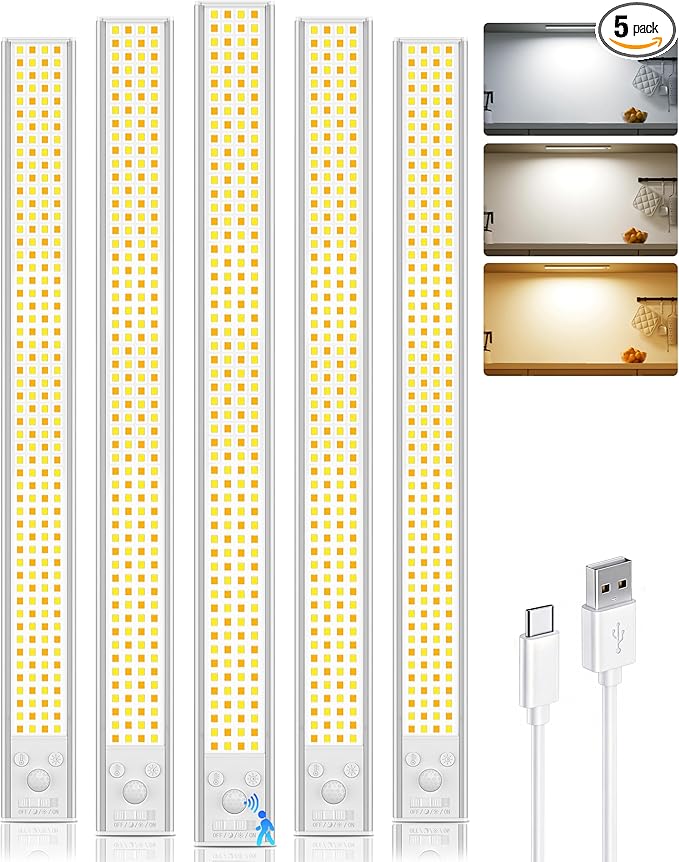 16inch Under Cabinet Lighting Wireless, 216LED Motion Sensor Light Indoor, USB Rechargeable Closet Lights, 3 Color Temps & Dimmable, Stick On Under Counter Lights for Kitchen, Pantry, Stairs, 5 Pack