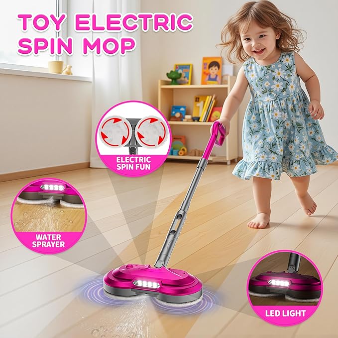 BLAXTEM Kids Electric Spray Spin Mop Toy, Rechargeable Cordless Electric Mop W/ Water Sprayer & LED Headlight for Children Boys & Girls, Cleaning Toy for Pretend Play (Rose Red)