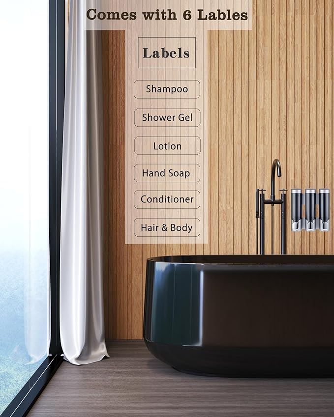 RANKADO Luxury Shower Soap Dispenser 3 Chamber No Drill,Soap Shampoo Conditioner Dispenser Bathroom Wall Mounted with Labels Hotel RV,Silver