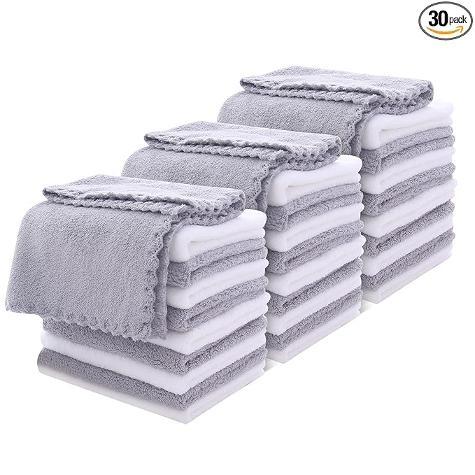 MOONQUEEN 30 Pack Microfiber Face Towel - Premium Soft Makeup Remover Cloths (White-Grey, 30 Pack)