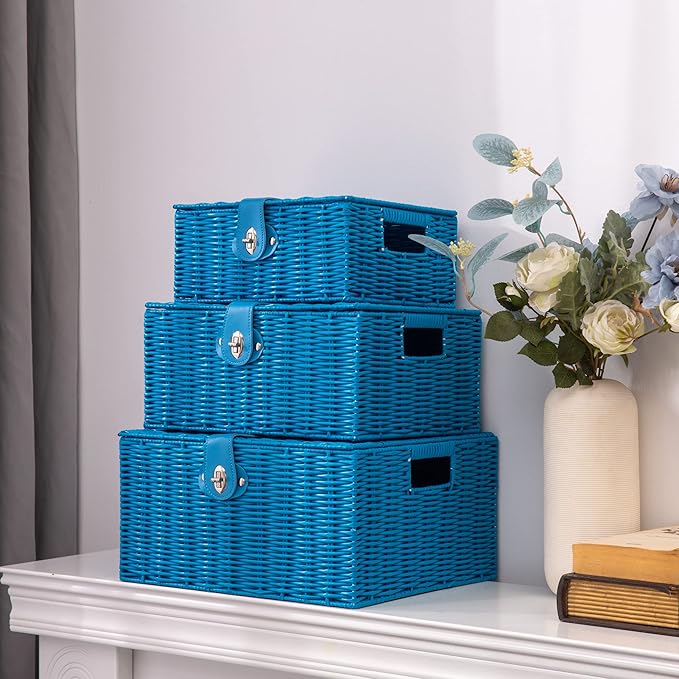 Set of 3 Woven Wicker Storage Basket Box with Lids & Lock, Blue
