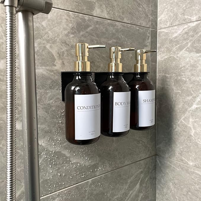 Shampoo Dispenser for Shower Wall, Shampoo and Conditioner Dispenser with 16 Waterproof Labels, No Drill Shower Soap Dispenser Bathroom, Shower Soap Dispenser Wall Mounted,17oz, 3 Pack, Gold Amber