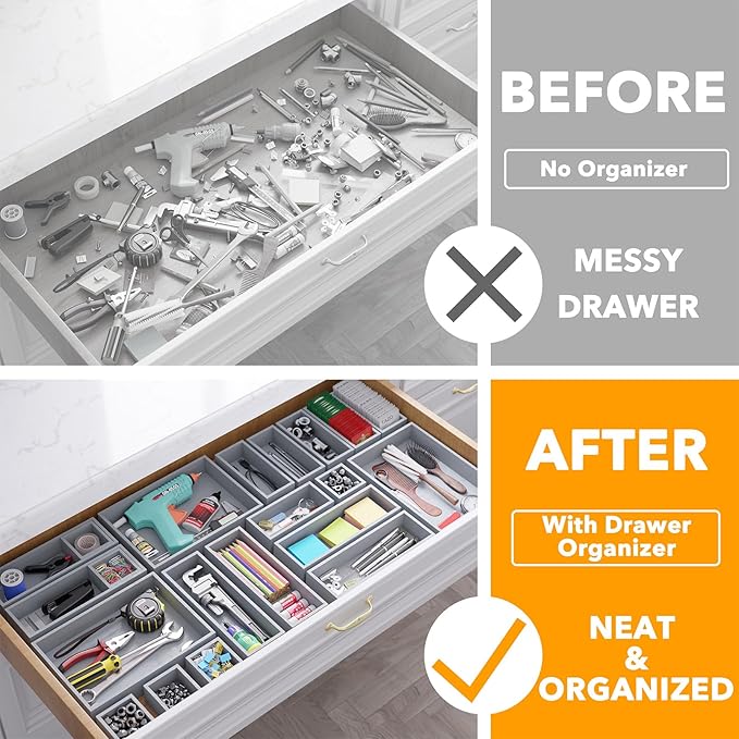 SpaceAid 21-Piece Bamboo Drawer Organizer Storage Boxes Set, Wood Tray Junk Drawer Organizers Multi-Use Divider Bins for Kitchen, Bathroom, Office Desk and Makeup Organization (21 Pack, Gray)