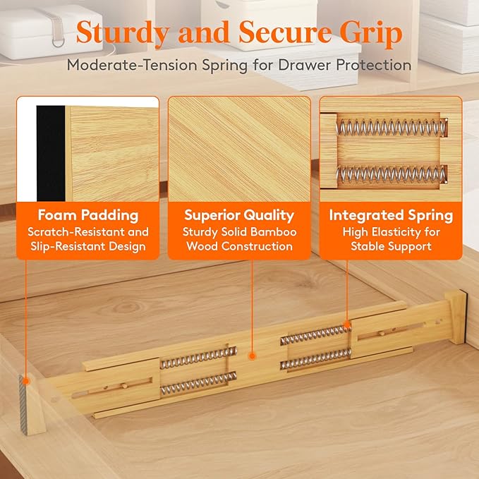 2.4" High 6 Pack Bamboo Drawer Dividers 45-55cm/17.5-22" Adjustable Wooden
