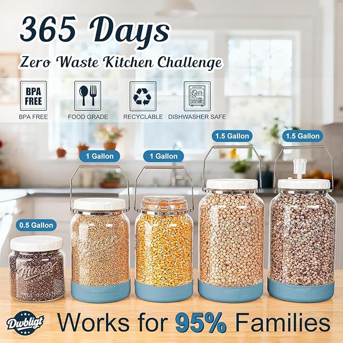 2 Packs 1 Gallon Glass Jars with Airtight Lids, Wide Mouth Mason Jars with Clip Top & Stainless Steel Handle & Silicone Base