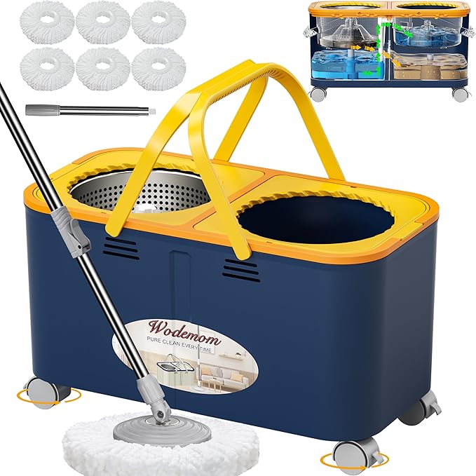 Compact Spin Mop and Bucket with Clean & Dirty Water System, Floor Mop with 360° Swivel Wheels, 61" Handle, 6 Reusable Mop Heads for for Wood, Tile, Vinyl, Baseboards- Blue/Yellow