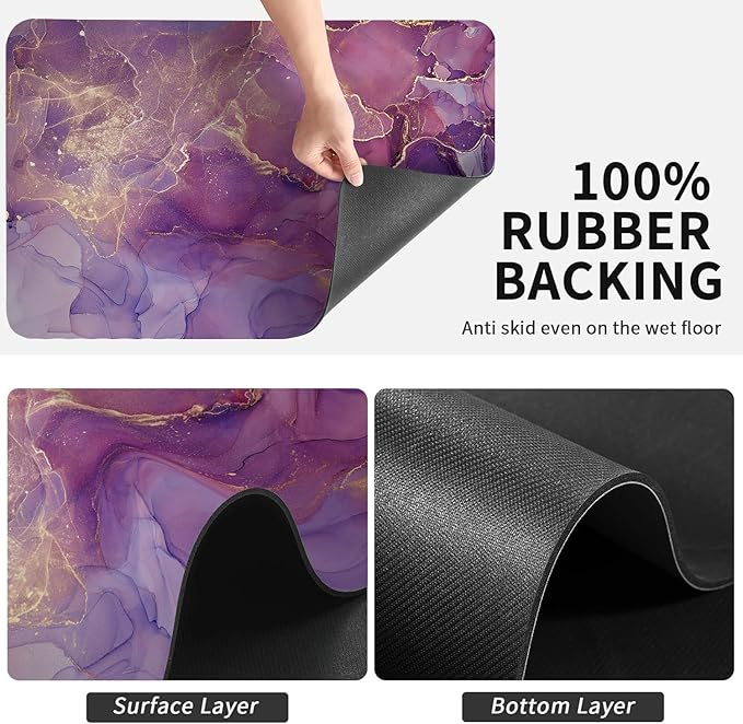 Dish Drying Mat for Kitchen Counter, Purple Shiny Abstract Marble Design, Washable Absorbent Quick Dry Pad with Rubber Backing, Draining Mat for Dishes Coffee Table, 16" x 24"