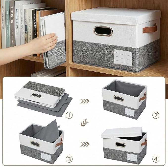 PRANDOM Storage Bins [3-Pack] Linen Foldable Boxes - Grey & White