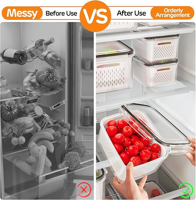 6 PCS Fruit Storage Containers for Fridge with Removable Colanders, 6 Plastic Food Storage Containers with 6 Lids