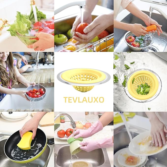 Silicone Strainer for Kitchen Sink, 2 Pack, Stainless Steel Reinforced, Basket Strainer, Drain Cover, Food Catcher, Debris Trap