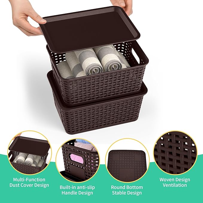 8-Pack Brown Plastic Storage Baskets with Lids, Label Organizers
