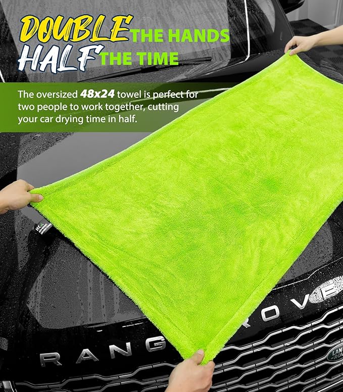 KKV Full-Sized SUV Drying Towel, 48”x24” Dual Sided Microfiber Car Cleaning Towel with Twisting Yarn Technique, 1400GSM Super Absorbent, Scratch-Free, Machine Washable (Darkgray-GreenYellow)