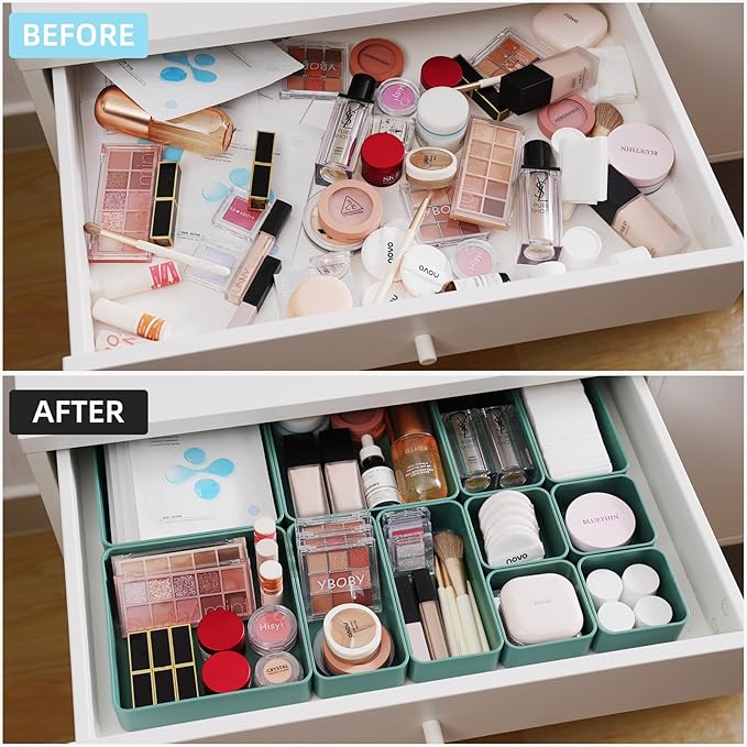 CHANCETSUI 11-Piece Stackable Drawer Organizer Set, Multi-size Desk Drawer Organizer Trays Vanity Storage Bins for Storing Makeup, Stationery