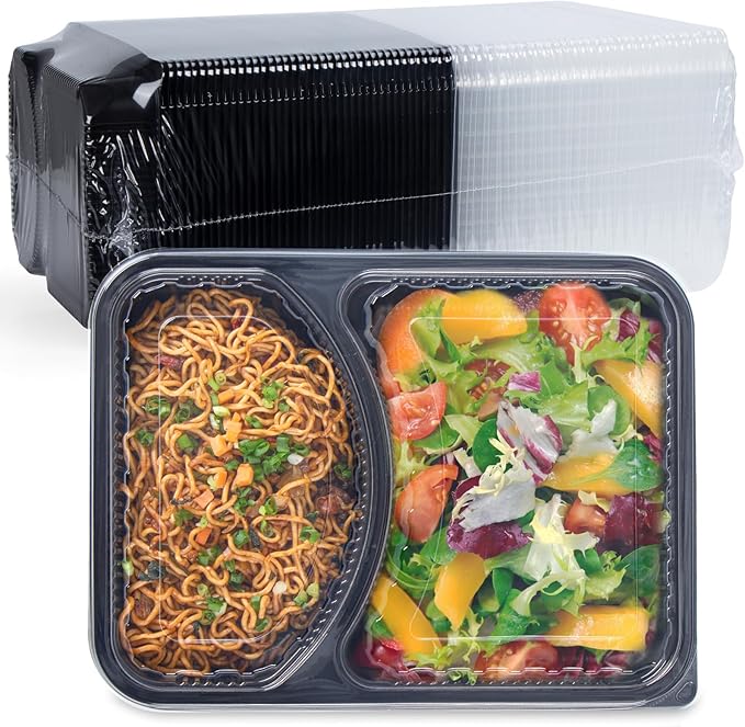 Takeout Containers Reusable 40 Pack 40oz - Shrink Wrap Leakproof | Portion Control Leftovers Plastic Container with Lid | BPA Free Freezer & Microwave Safe Meal Prep | 2 Compartment Lunch Box