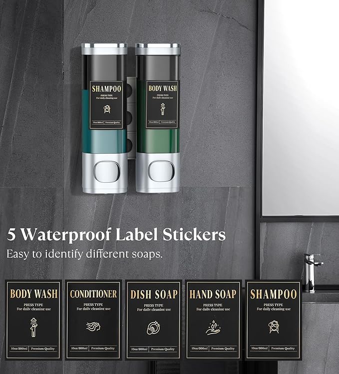 Luxspire Shampoo and Conditioner Dispenser, No Drill Wall Mounted Shower Soap Dispenser 2 Chamber with Waterproof Labels, Easy Refill Soap Dispenser for Bathroom Hotel Kitchen, Silver