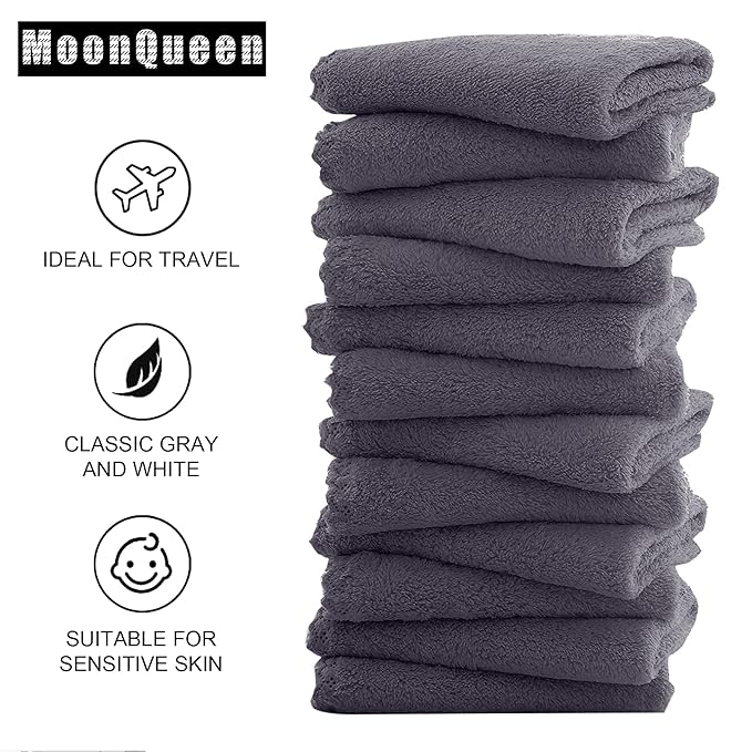 MOONQUEEN Microfiber Facial Cloths Fast Drying Washcloth 12 Pack - Premium Soft Makeup Remover Cloths - Grey