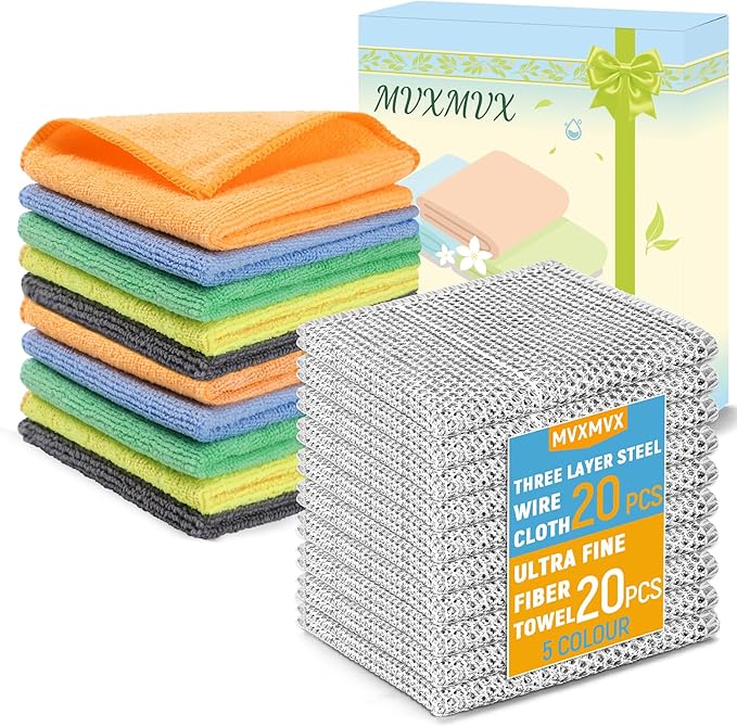 Non Scratch Wire Dishcloth and Microfiber Cleaning Cloth 10pcs-Multipurpose Wire Dishwashing Rags Wire Mesh Cleaning Cloth,Kitchen Towels and Dishcloths Sets for Cleaning Pans Sinks & Cookware (40)