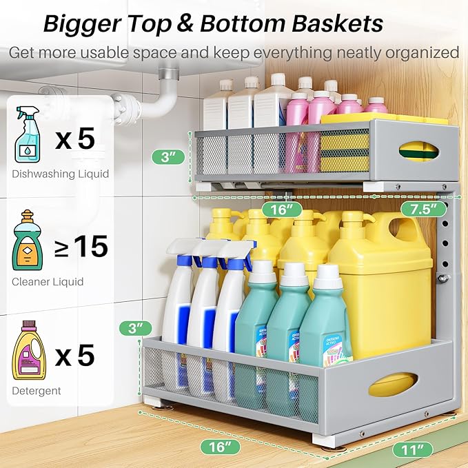 Under Sink Organizer, 1-Pack Pull Out Cabinet Organizer 2 Tier Metal Slide Out Storage Shelf Rack, L-Shaped Adjustable Height,Mesh Sliding Drawer for Kitchen, Bathroom, Laundry, Pantry, Grey, XL