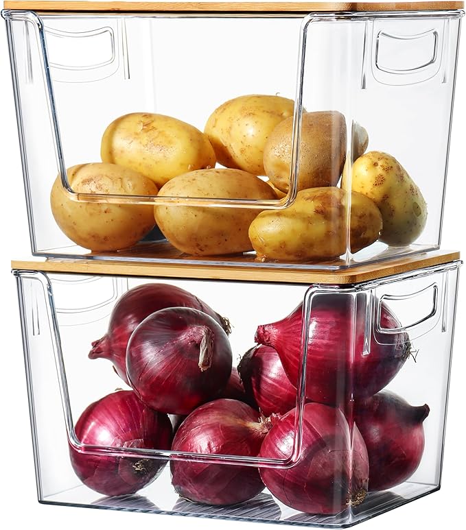 Pantry Organizers Storage, 2 Pack Large Capacity Clear Storage Bins with Bamboo Lids for Onion, Potato, Garlic, Canned Food