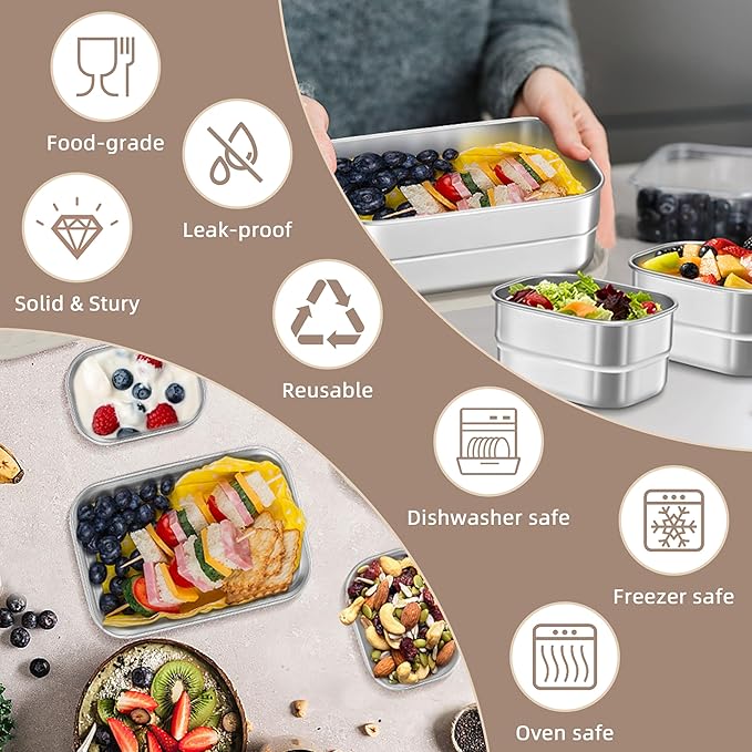 HaWare Stainless Steel Lunch Box Containers for Kids, Leak Proof Food Storage Containers with Khaki Silicone Lids