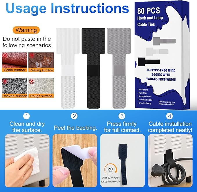80Pcs Hook and Loop Cable Ties Under Desk Cable Management Adhesive Strips for Cord Hider Wire Organizer Computer Accessories for Desk Home Office Organization Essentials - Black