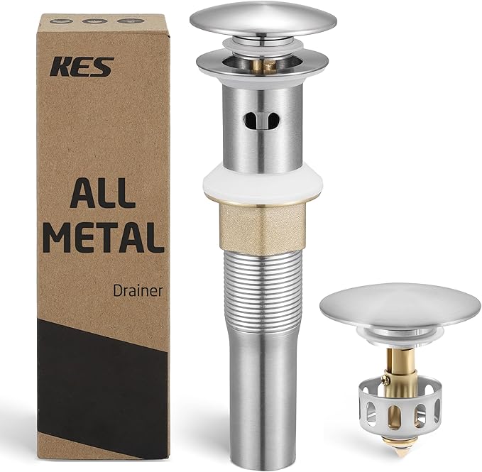 KES All Metal Bathroom Sink Drain with Strainer Basket Hair Catcher Anti Clog Pop Up Drain Stopper for Vanity Vessel Sink with Overflow